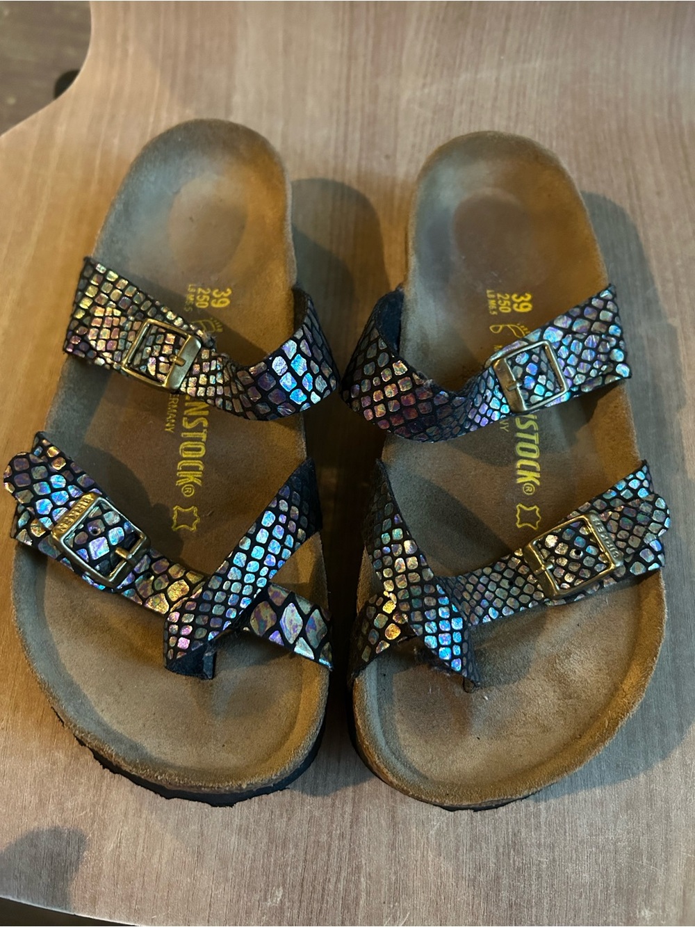 Birkenstock woman’s  Iridescent Multi-Color Two-Strap Sandals